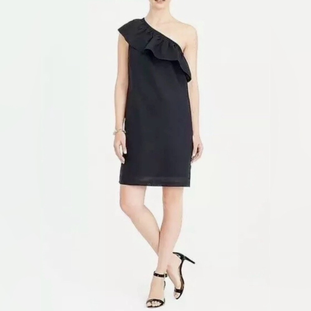 J.CREW Factory Black One Shoulder Ruffle Linen Blend Dress Size Small NWT